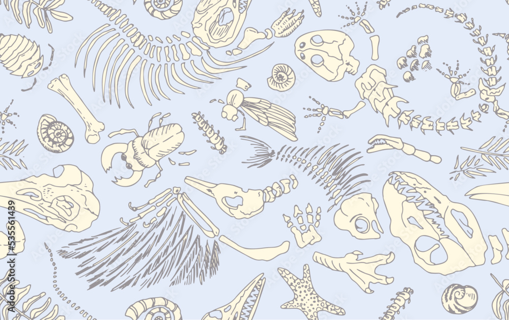 Isolated line contour imprints skeletons of prehistoric animals, insects and plants. Seamless pattern realistic hand drawn art. Vector illustration