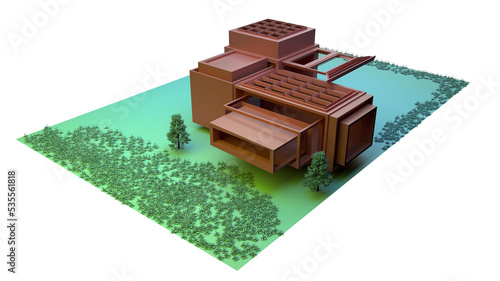 3D Illustration of an exterior landscape with an architectural structure in middle.