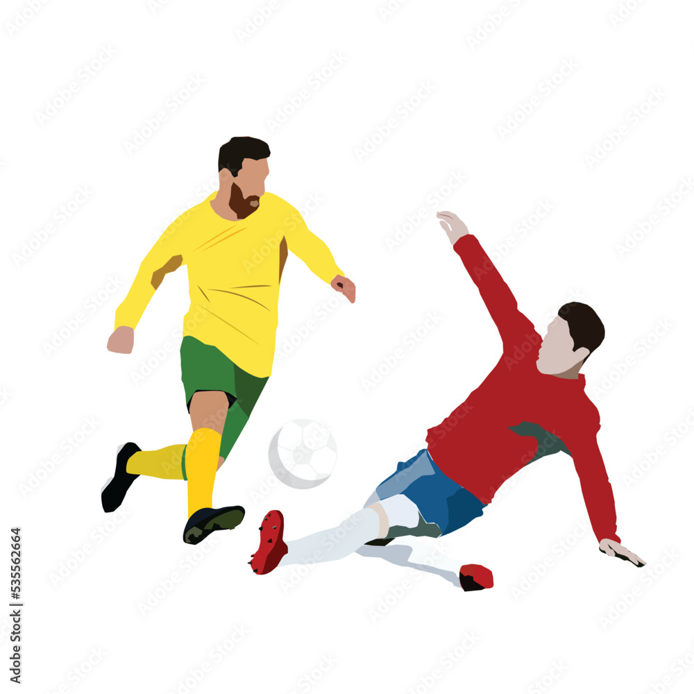 A vector of player maker and defender sliding for the ball.