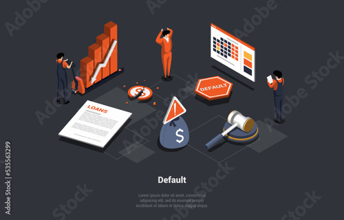 Global World Financial Crisis Concept. Default, Devaluation, Stock Market Crash. Stressed People Lose Money And Investments. Downfall, Inflation, Stock market Crash. Isometric 3d Vector Illustration
