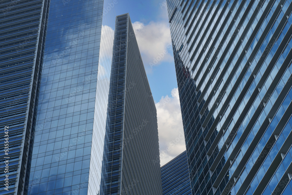 low angle view of singapore city buildings.