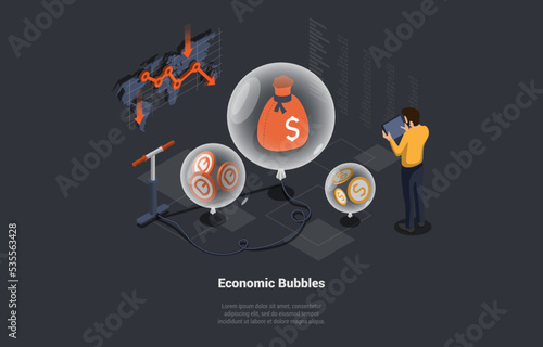 Economic Bubbles, Startup, Ponzi Scheme, Financial Pyramid, Venture, High-risk investments. Character Or Venture Fund Make Risk Investments In Order To Make Profit. Isometric 3d Vector Illustration