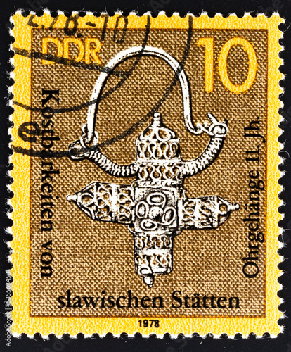 Postage stamp 'Silver earrings' printed in East Germany. Series: 'Valuables of Slavic Treasures Sites', 1978