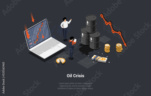 Concept Of Oil Crisis, Oil Embargo, Default, Economic Crisis And Bankruptcy. Petroleum Production and Trade Oil Industry, Barrels With Descending Falling Price Chart. Isometric 3D Vector illustration