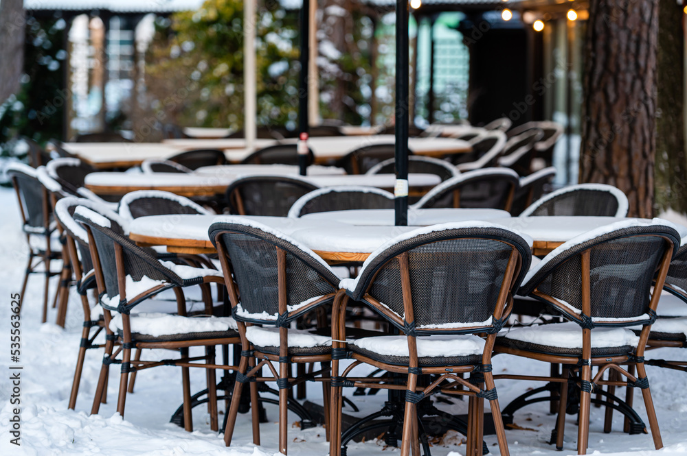 outdoor restaurant terrace covered with snow