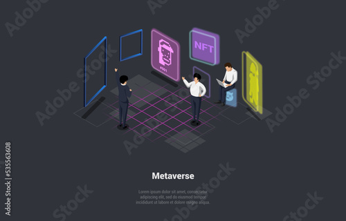 Virtual Global Internet Connection Metaverse With New Experience In Metaverse Virtual Reality Technology. Characters Investing In NFT, Collaborate With Venture Funds. Isometric 3d Vector Illustration