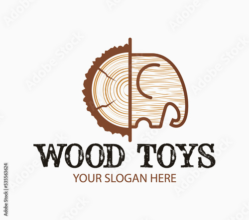 Abstract creative concept wood toys logo with wooden elephant. From log to elephant toy idea. Design for print, emblem, t-shirt, party decoration, sticker, logotype