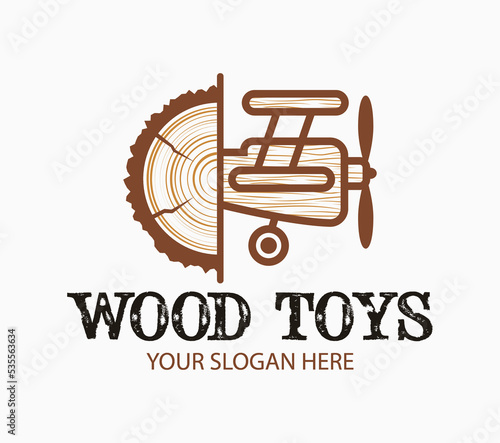 Abstract creative concept wood toys logo with wooden plane. From log to plane toy idea. Design for print, emblem, t-shirt, party decoration, sticker, logotype