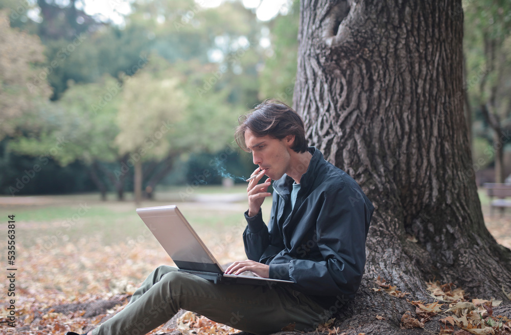 young man sitting near a tree in a park with a computer