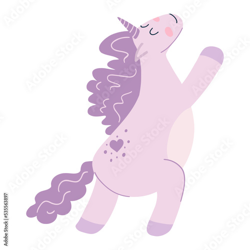 Cute unicorn in cartoon flat style. Vector illustration of baby horse, pony animal in purple color for fabric print, apparel, children textile design, card © Виктория Черная