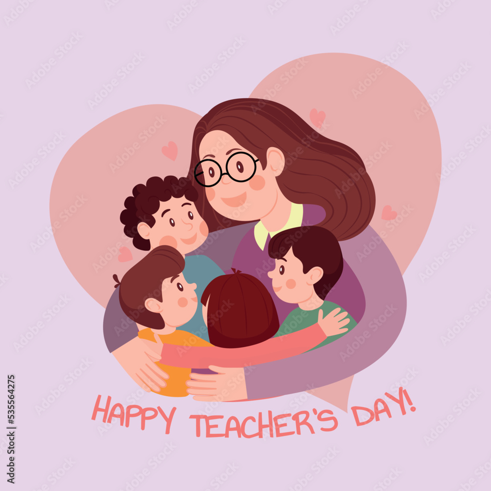 Happy teacher's day poster.The first teacher enveloped the children with love, care and understanding. Vector flat illustration creative graphic design Happy teacher's day poster.The first teacher enveloped the children with love, care and understanding. Vector flat illustration creative graphic design