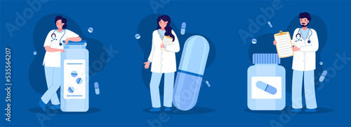 Men, women, medical workers. The concept of medicine and health. Vector illustration in a flat style on a blue background