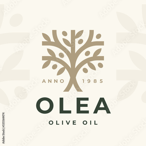 Olive tree logo mark design. Olea olive oil icon. Tree of life nature symbol. Fruit tree brand emblem. Organic product plant sign. Vector illustration.