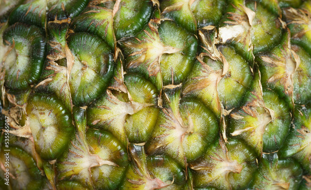 close up pineapple dark green yellow pattern  with soft light texture background.for healthy food wallpaper,summer fruit backdrop cover design.