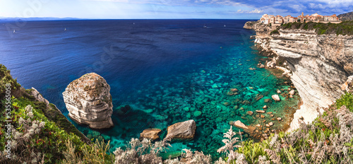 Bonifaccio - splendid coastal town over rocks in south of Corsica island, panoramic view