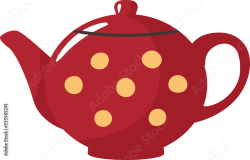 Red teapot with yellow dot pattern. Cartoon icon