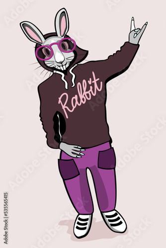 Cute rabbit in sportswear and sunglasses showing victory sign. Symbol of Chinese New Year 2023. Vector isolated illustration. New Year 2023. 