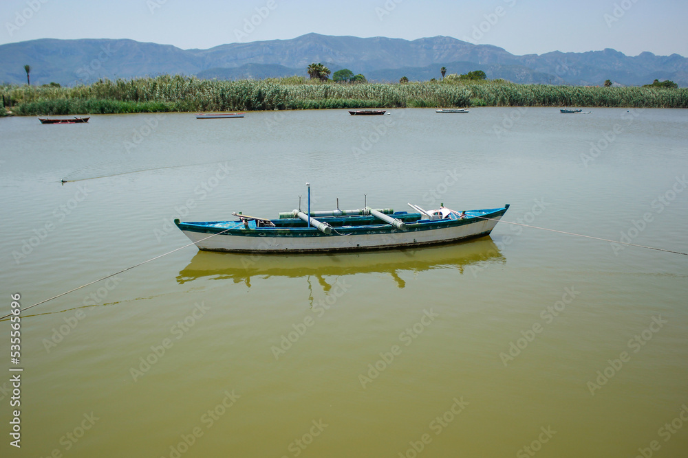 Artisanal fishing boats docked in the Estany Gran area in Cullera, Valencia, Alicante, Spain. surrounded by nature