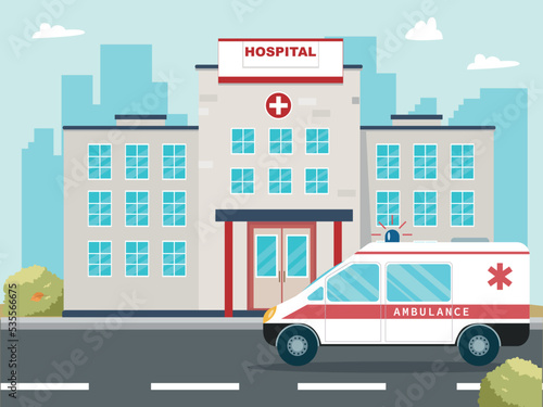 Hospital landscape with ambulance car