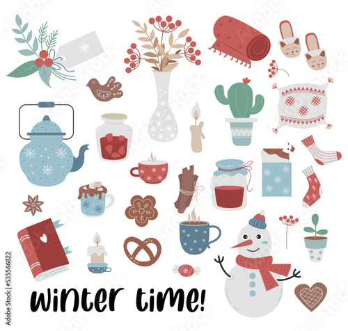 Cozy winter time. Collection of winter comfort items pillow, plaid, book and snowman, jam and Christmas gift tag. Vector illustration. isolated colored elements in flat style for design and decor.
