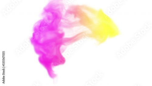 Pink and yellow colored ink drop into water on white isolated background. Slow motion blue smoke animation