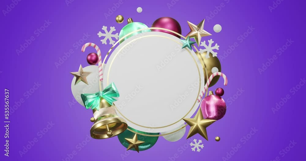 Animation of circle frame with copy space and christmas decoration on purple background Animation of circle frame with copy space and christmas decoration on purple background