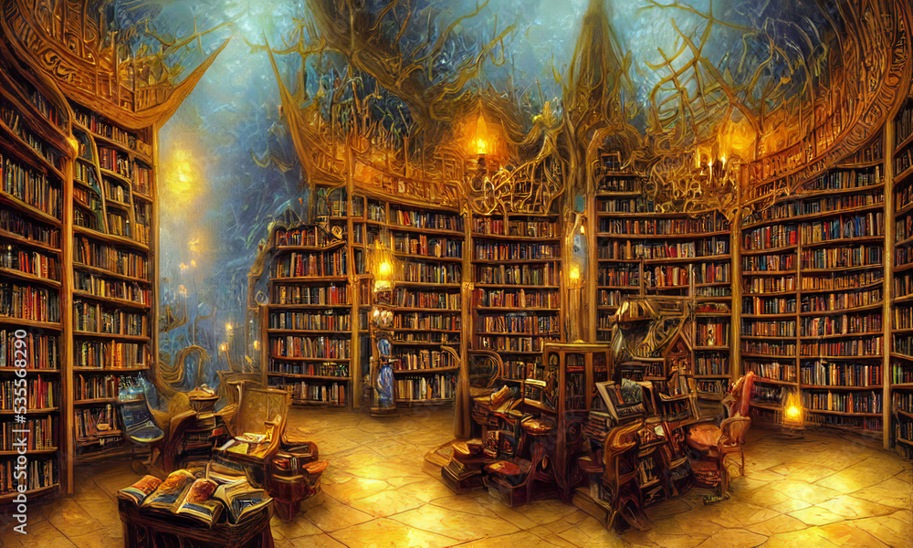 Illustrazione Stock beautiful old fantasy library full of magical books |  Adobe Stock