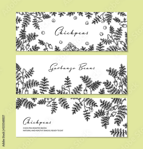 Set of hand drawn chickpeas botany backgrounds. Vector illustration in sketch style. Packaging design