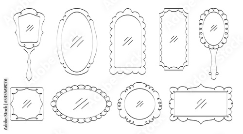 Vintage mirrors vector set in doodle stylr. Vintage image frame. Hand drawn mirror border