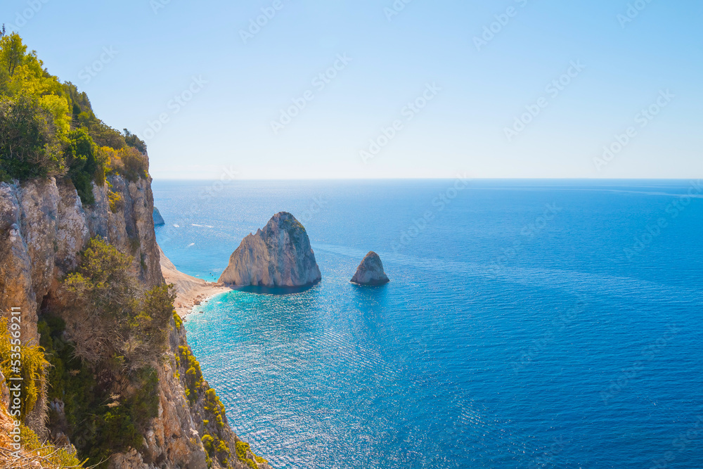 Aerial view of Mizithres cliff rock in Zakynthos Ionian island, Greece.