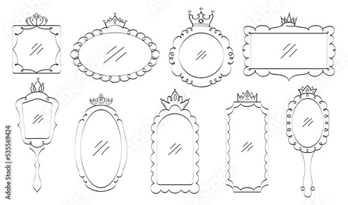 Crown mirror vector set in doodle style. King and queen crown photo border. Outlines royal frame.