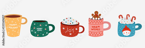 Christmas holiday hot drinks set. Colorful winter mugs in flat style. Xmas hot beverages vector illustration.