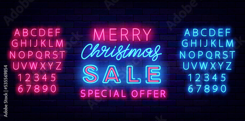 Merry Christmas sale neon signboard. Winter special offer. Light typography advertising. Vector stock illustration