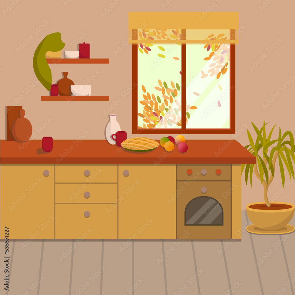 Cozy, warm, autumn kitchen. With a window, homemade cake, houseplants, oven and kitchen utensils. Home atmosphere. Interior background