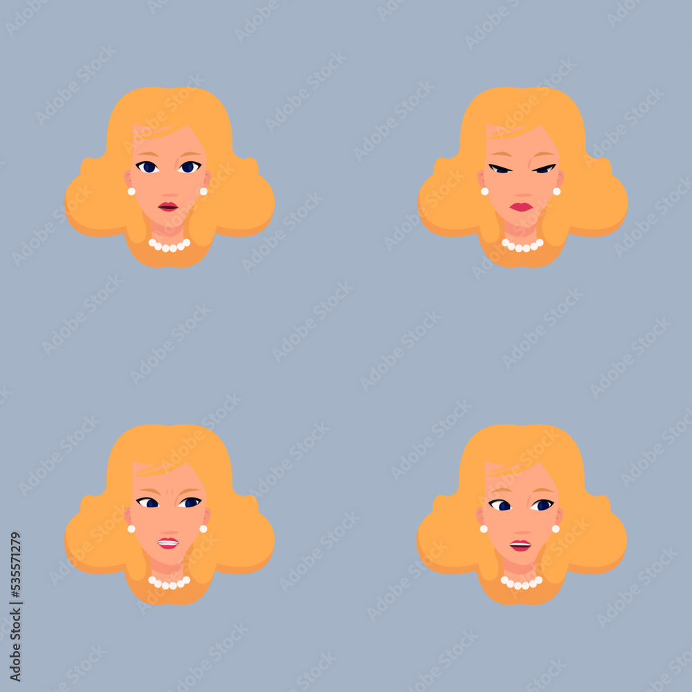 Young woman portrait with different emotions. Calmness, anger, surprise, look down. Blonde with pearl jewelry. Set of flat vector illustrations Young woman portrait with different emotions. Calmness, anger, surprise, look down. Blonde with pearl jewelry. Set of flat vector illustrations