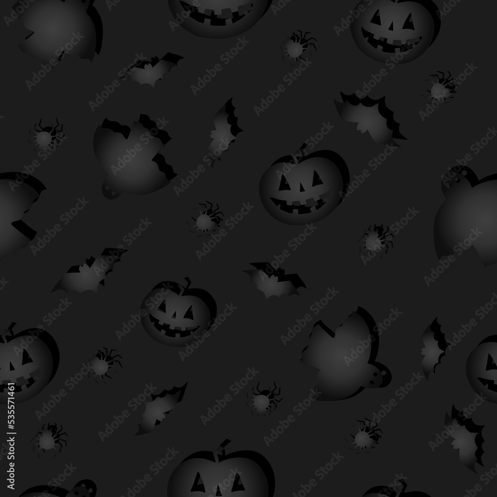 Halloween seamless pattern with black pumpkins, ghosts, spiders and bats on dark background. Gloomy style, monochrome and minimal design. Vector print for holiday cover, web design, fabric.