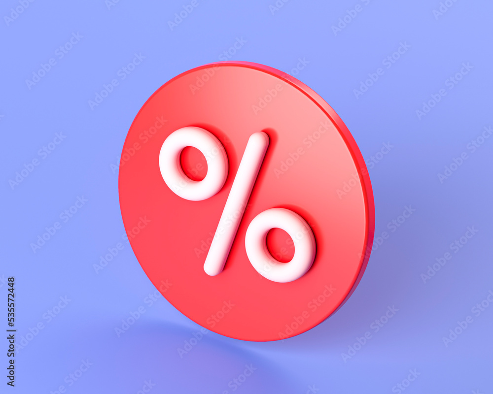 Red discount icon with white percent symbol on blue background. Online shopping sale. 3d render Red discount icon with white percent symbol on blue background. Online shopping sale. 3d render