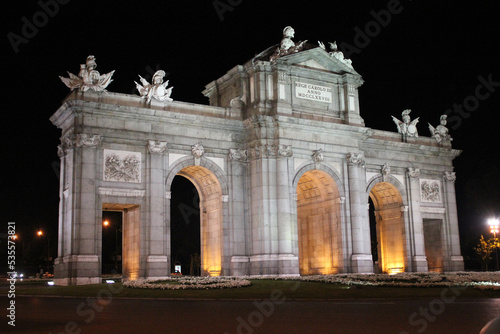 Puerta de Alcala at night in the center of Madrid, Spain
