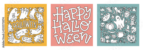 Set of Halloween doodle lettering cards with Ghost characters. Scary spook monsters, dead boo ghosts and cute funny boohoo spooky fly curious devil phantom in costume. Vector linear illustration.