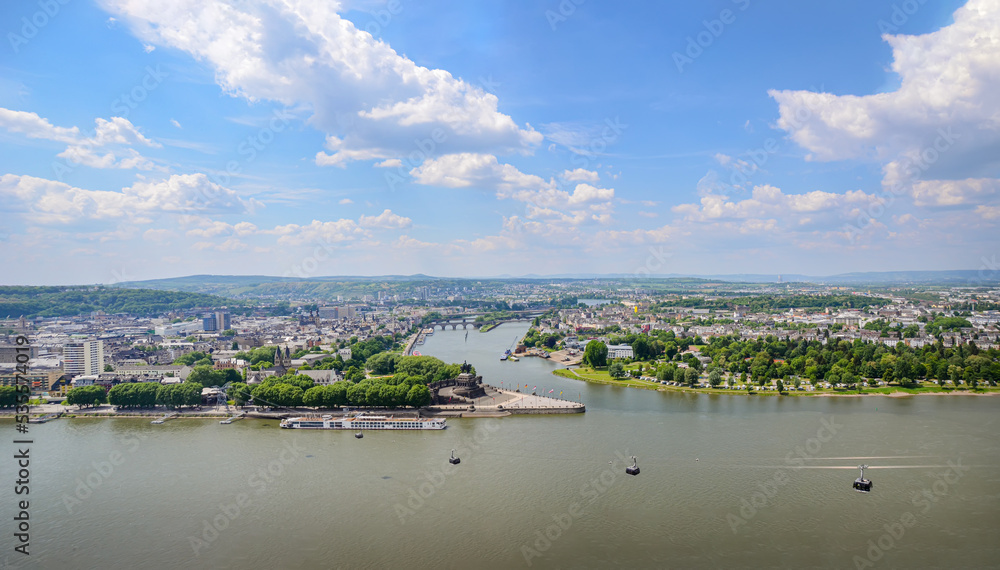 Aerial panoramic View at Koblenz city with monument at Deutsches Eck where the Mosel river joins the Rhine. Travel destination for a weekend getaway in germany and cable car as tourist attraction