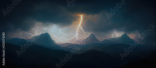 Wallpaper of lightning from the sky hit a mountainside, brooding atmospheric mountain landscape, Generative AI