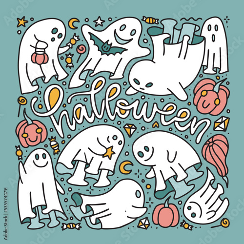 Hand Drawn Ghost Doole Sketch with Ghost characters and Calligraphy lettering Text. Phantoms Collection Icons for Halloween Banners, Cards, Posters. Childish Scary spook. Vector linear Illustrations