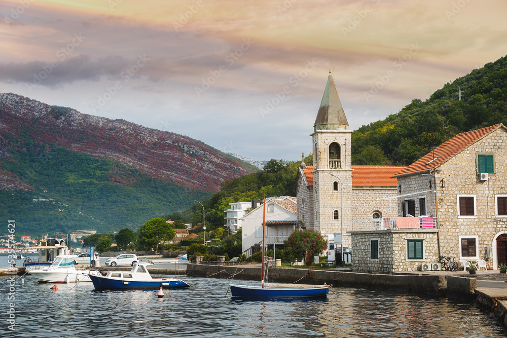 Beautiful view of seaside village of Donja Lastva on a summer day. Bay of Kotor, Tivat, Montenegro