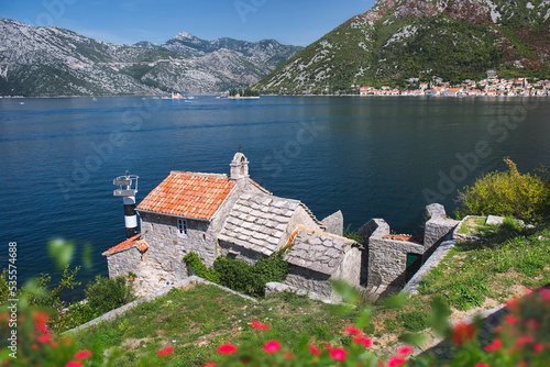 Beautiful View of Boka Kotorska Bay and Gospa od Anđela (Our Lady of the Angels) Church, Lepetane, Montenegro  photo