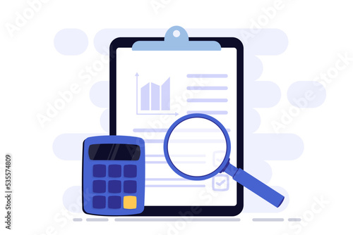 Clipboard with graphs and charts, audit debit and credit calculations. Accounting and taxes. Financial report, digital accounting, financial research. Clipboard with calculator and coins. Banking