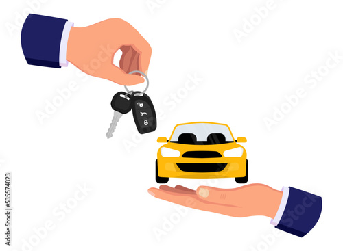 Car rental or sale concept. Car sharing service. Hand giving car keys to another hand. Selling, leasing, test drive or renting car service. Modern flat vector illustration isolated on white background