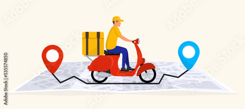Online delivery service with courier by scooter. Fast and free delivery. Tracking courier by map with location pin, order tracking. Urgent shipping. Quick delivery service for home and office