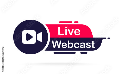 Live webcast emblem with play button. Online webinar sign. Button of virtual education training course or lesson. Free online webinar or web seminar. Internet event, conference, online streaming