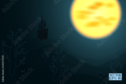 Animated Halloween Festive Background. Haunted Castle on Mountain. Witches in the Moonlight Sky. Holiday Wallpapers. Vector. 3D Illustration