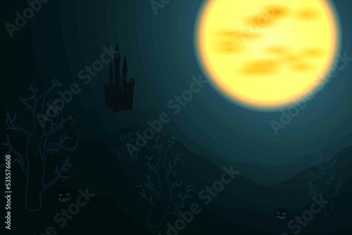 Animated Halloween Festive Background. Haunted Castle on Mountain. Witches in the Moonlight Sky. Holiday Wallpapers. Raster. 3D Illustration